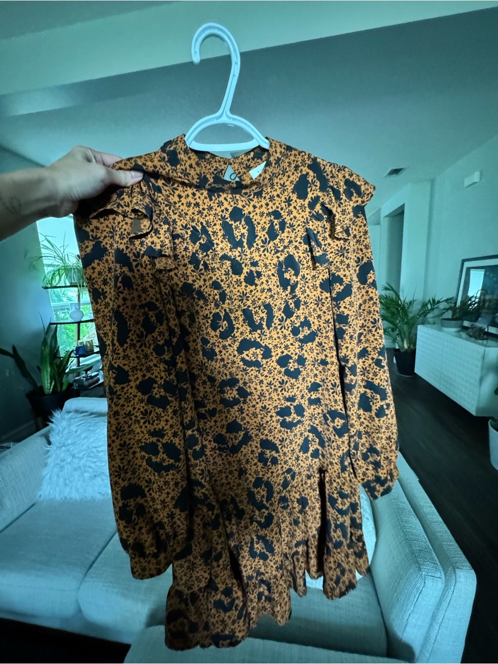 Women's Orange and Black Floral-Print Long-Sleeve dress